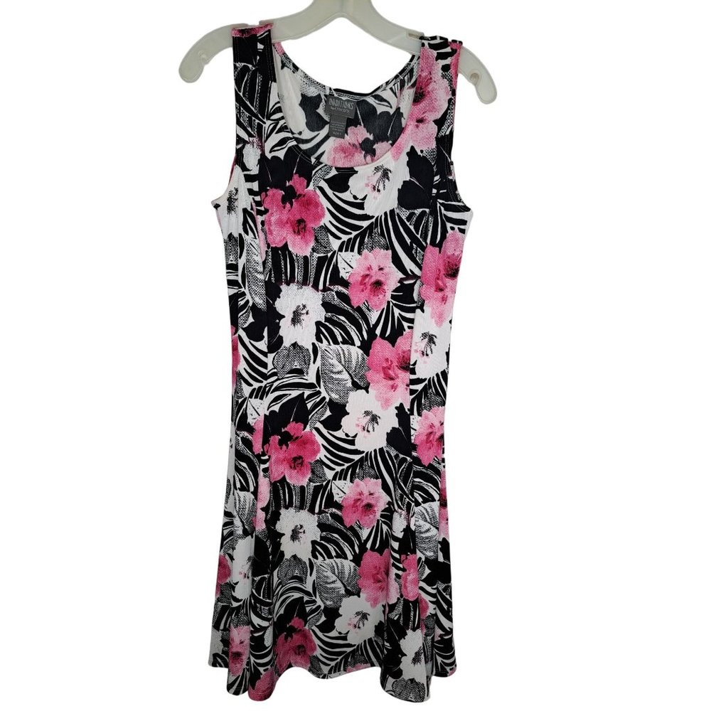 Chico's Sleeveless Medium Tropical MIdi Dress Pink Black White Floral Stretch